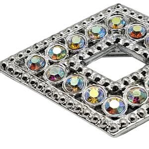 AB Diamond Shape Rhinestone Brooch 70s WMCA Silver Tone Pin White Metal Casters